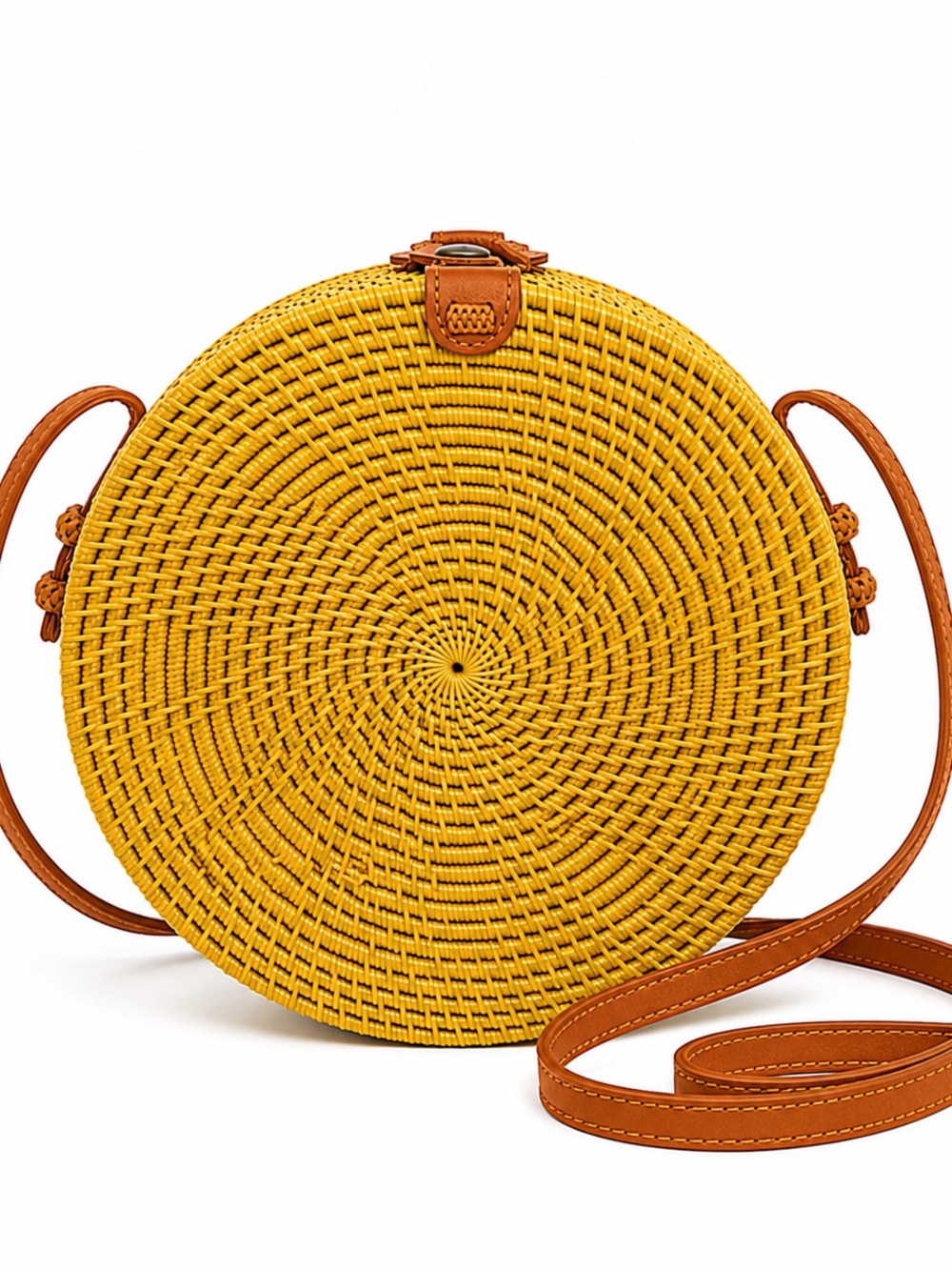 Round Woven Rattan Crossbody Bag – Yellow